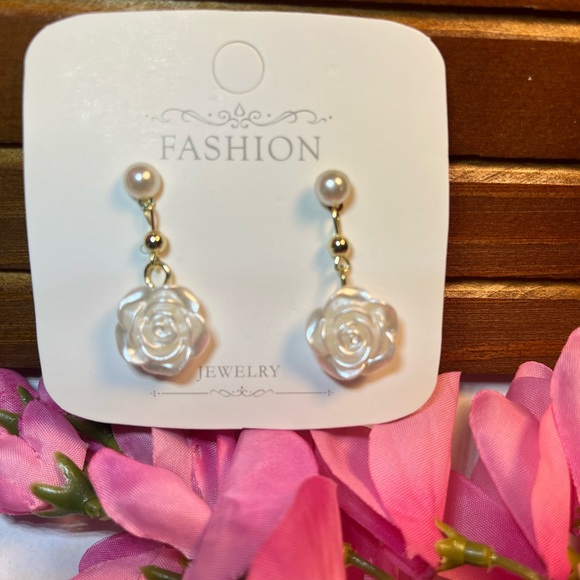 Pierced Drop Earrings. Pearlescent White Rose withI Imitation Pearl. - Picture 6 of 9